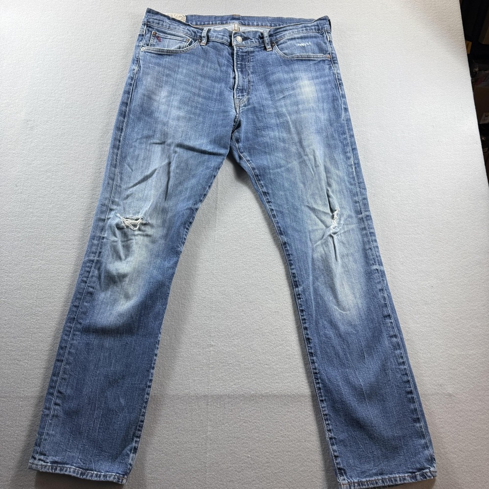 Polo Ralph Lauren Jeans Mens 35x32 Blue Wash Straight Distressed Stretch Denim